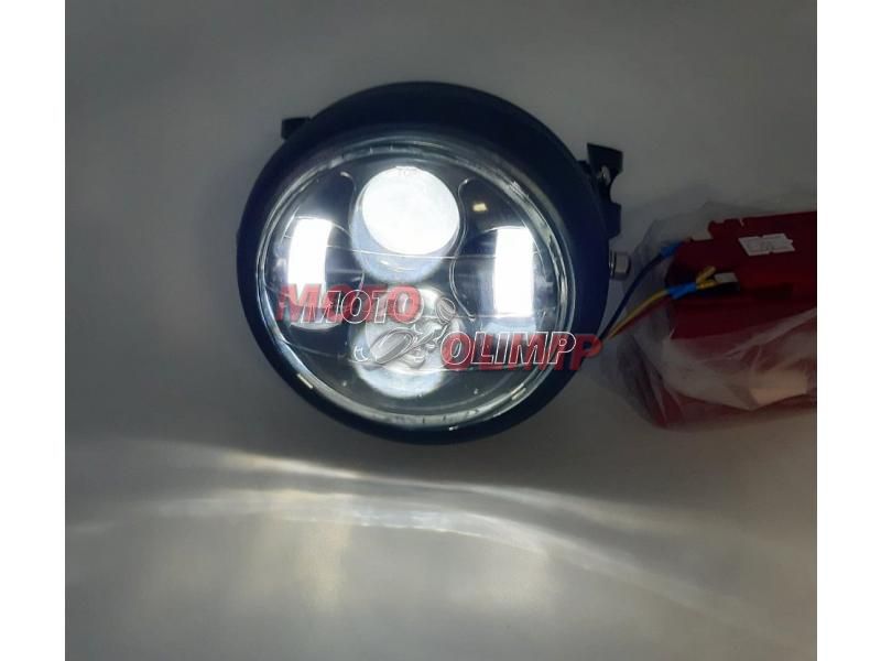 Фара кругла світлодіодна ХРОМ із лінзами на мотоцикл 3211 фото